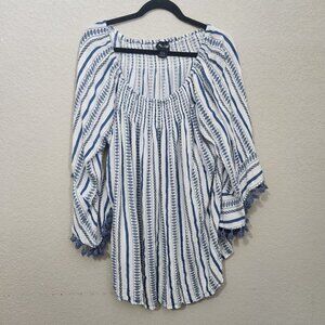 Step N Style Tunic Top Womens 3X Blue White Striped Tassel Boho